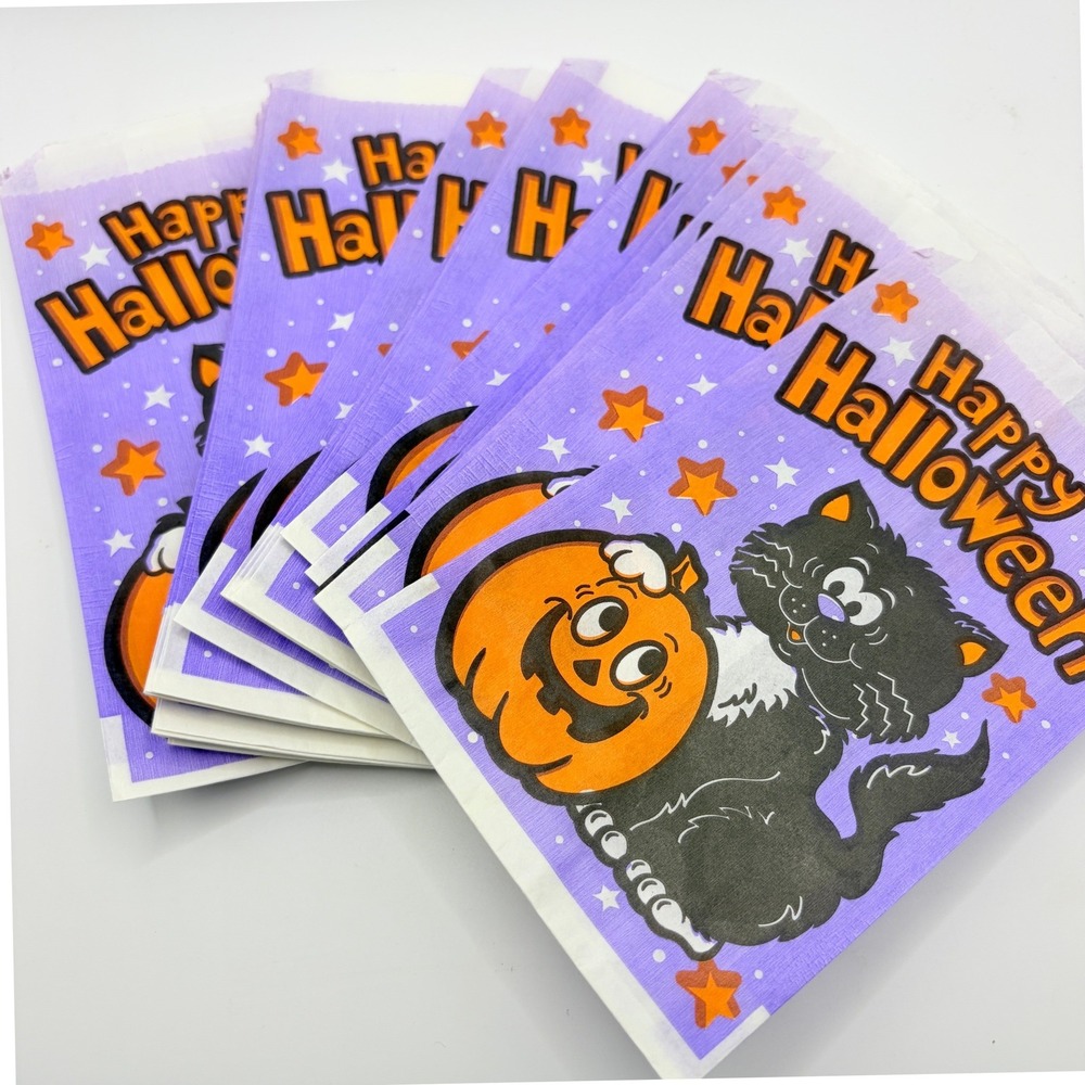 Fun World Vintage Halloween Black Cat Pumpkin Treat Bags Lot 32 Retro USA 4x6.5